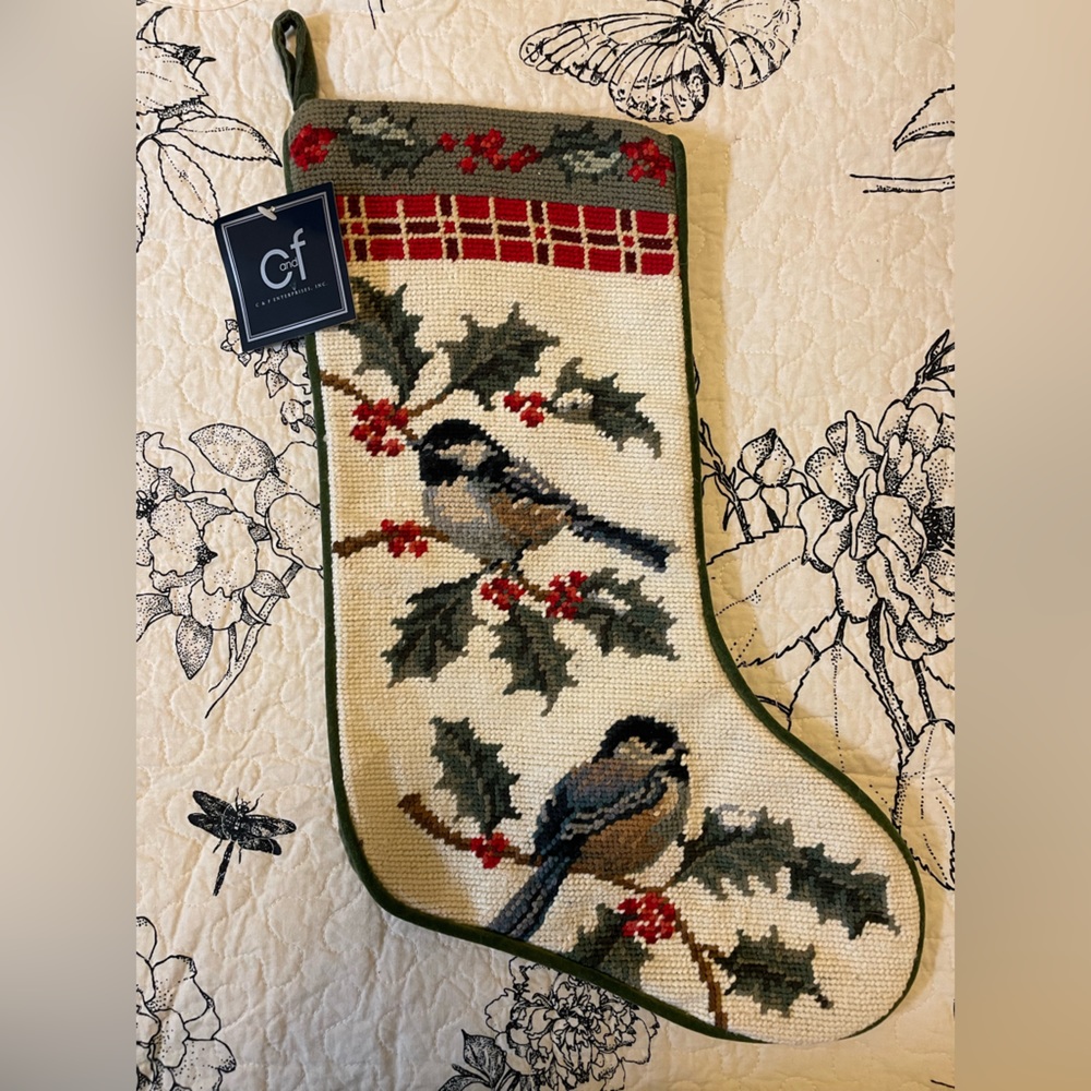 Beautiful Vintage Forest Chickadees Needlepoint Christmas Stocking NWT